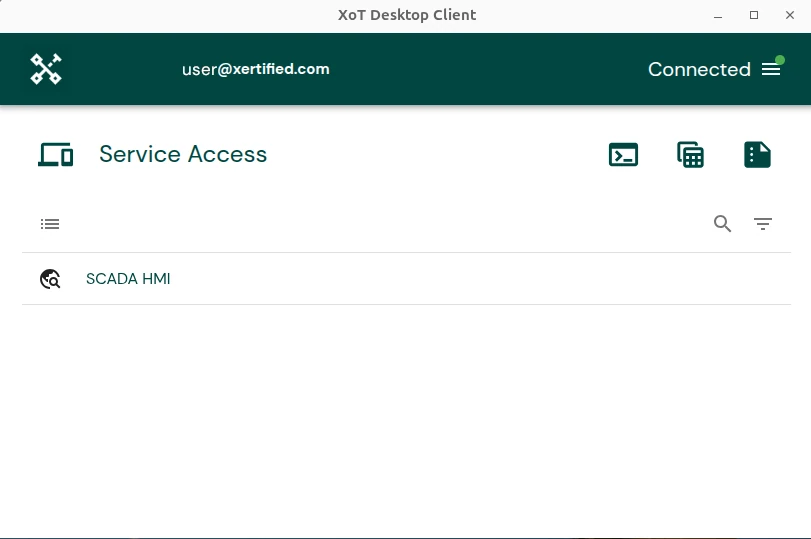Skärmbild av XoT-Desktop Client. Användaren är ansluten. Listan visar en tjänst, ett SCADA-system.